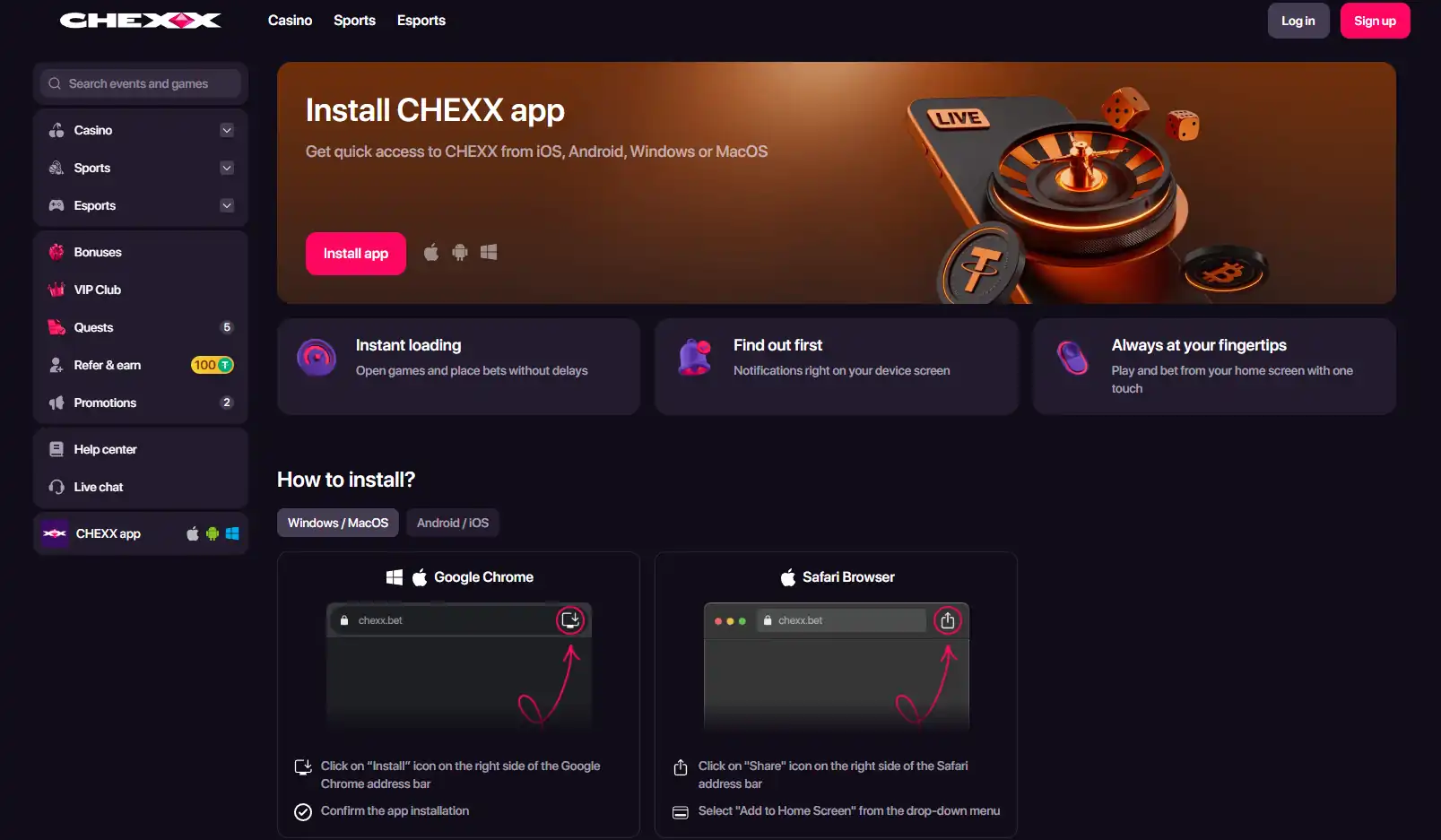 CHEXX PWA installation page with device and browser instructions