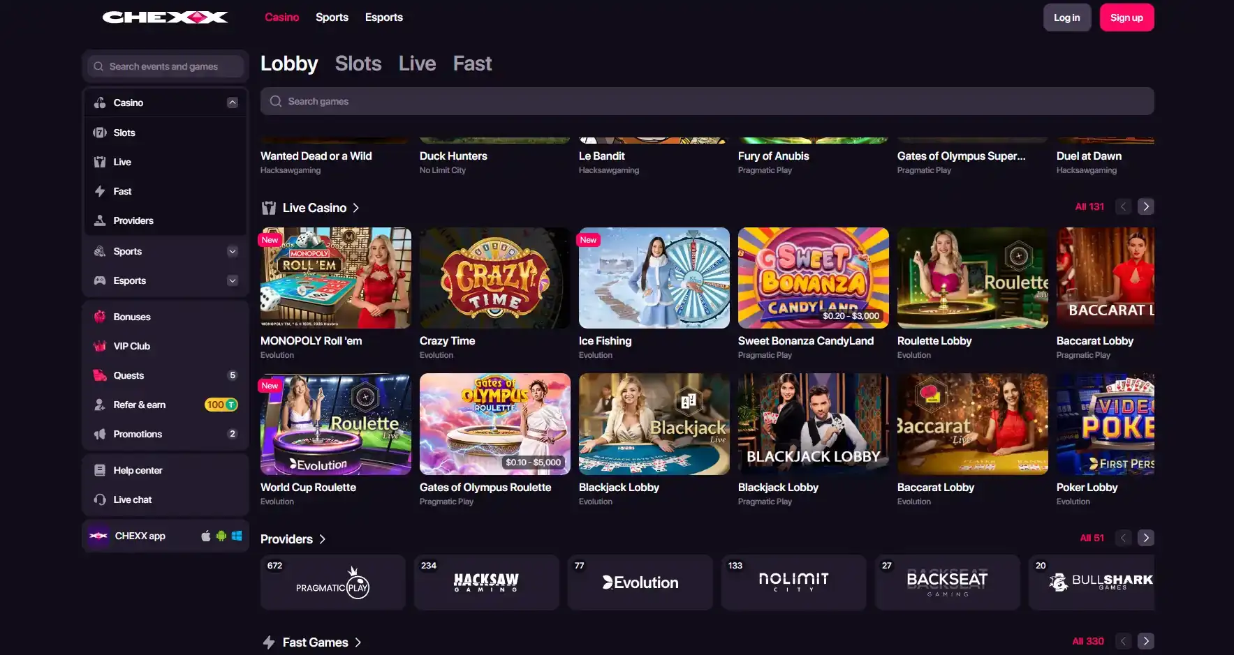 CHEXX casino lobby with game categories and provider navigation